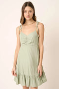 Ruched Spaghetti Strap Tie Mini Dress in Sage