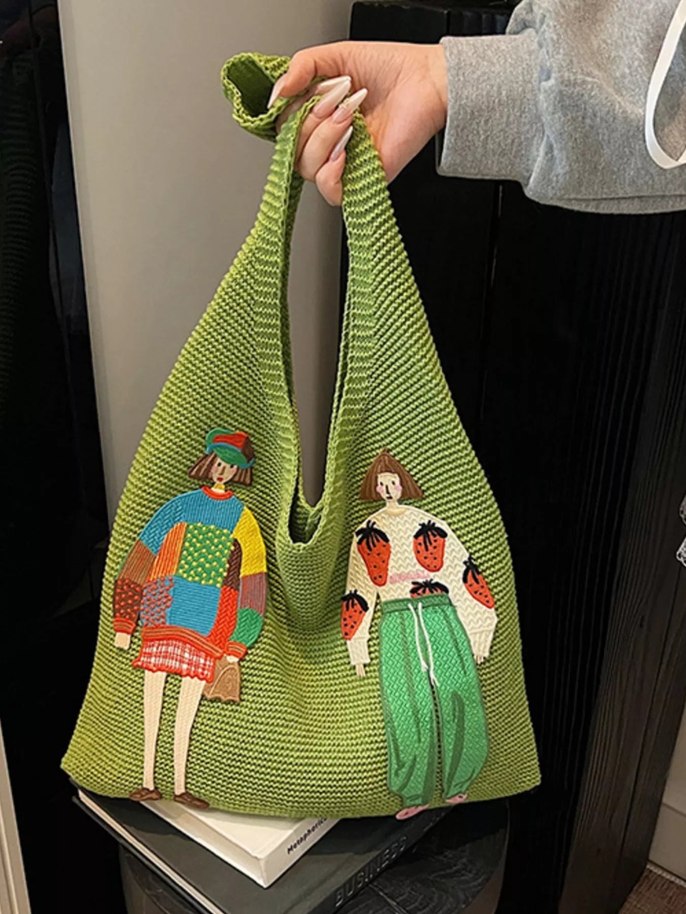 Knitted Embroidered Shoulder Bag