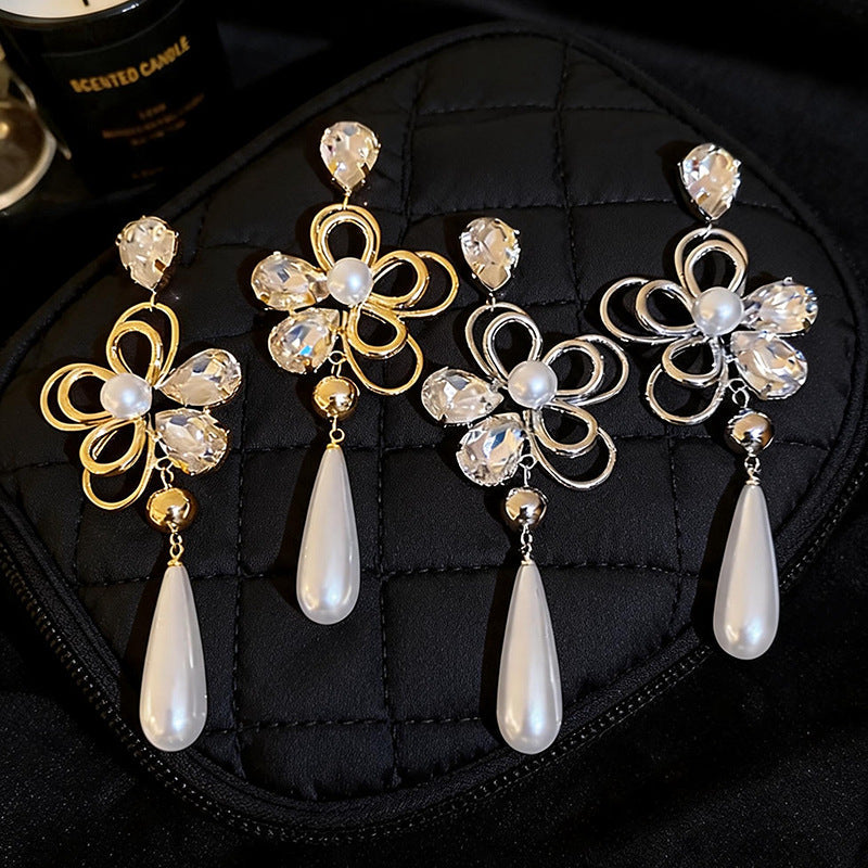 Women French Retro Exaggerated Cubic Zirconia Tassel Pearl Dangle Stud Earrings,Vintage Style Versatile Fashion Statement Jewelry For Party Occasion