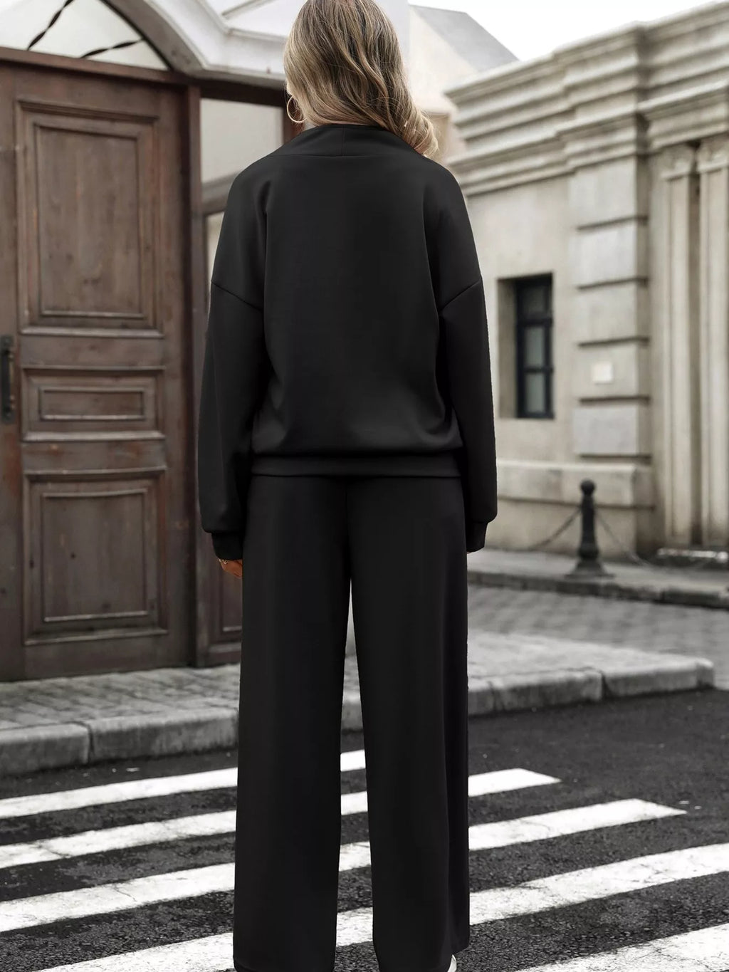 Half Zip Sweatshirt and Wide-Leg Pants Set