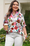 Pink V Neck Short Puff Sleeve Floral Blouse