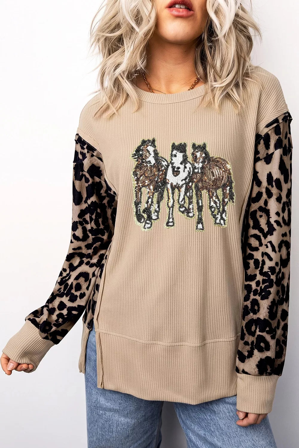 Sequined Western Horse Graphic Leopard Sleeve Patchwork Waffle Knit Top