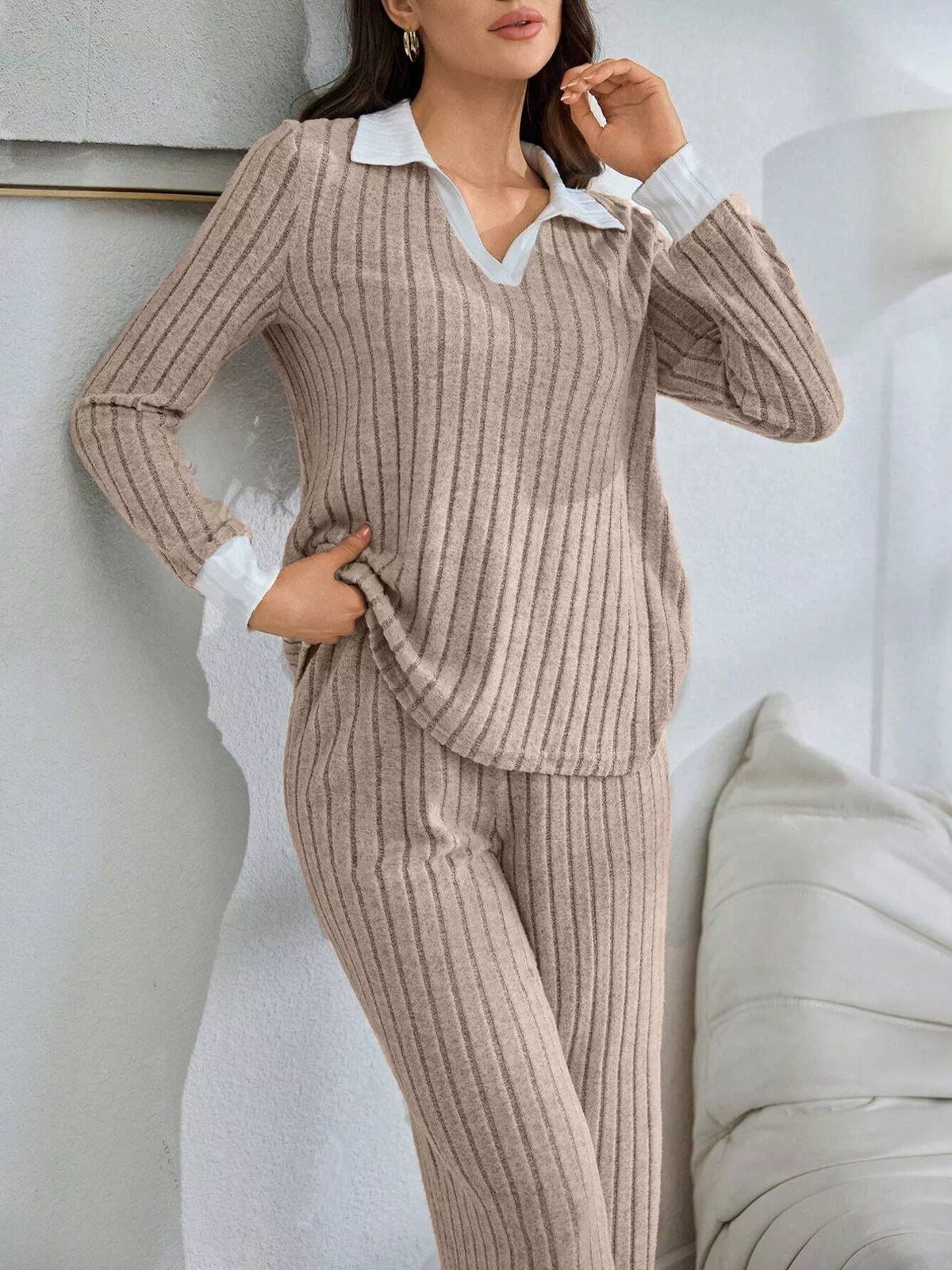 Ribbed Knit Polo Collar Top and Pants Lounge Set