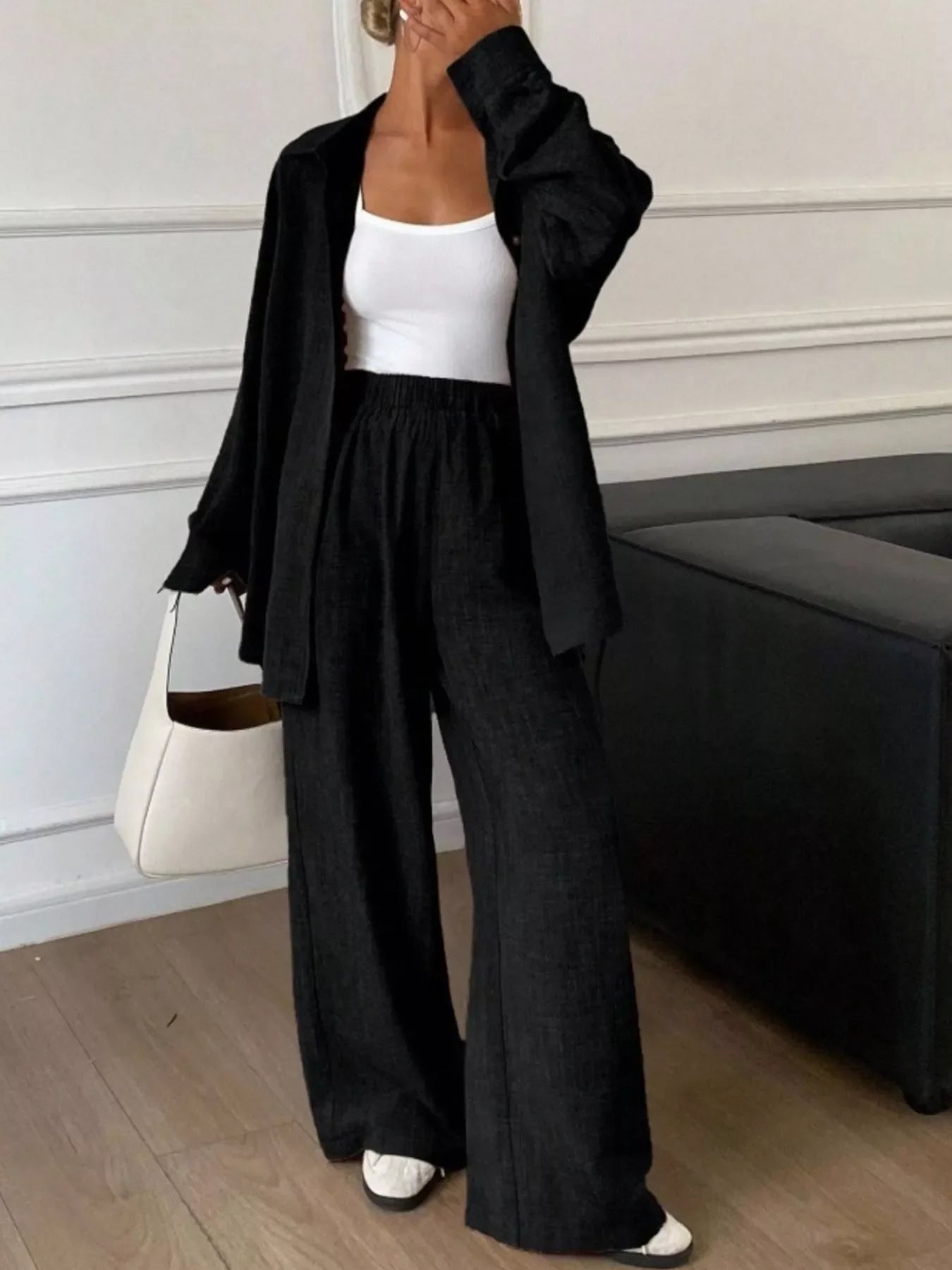 Button Up Long Sleeve Shirt and Wide Leg Pants Set
