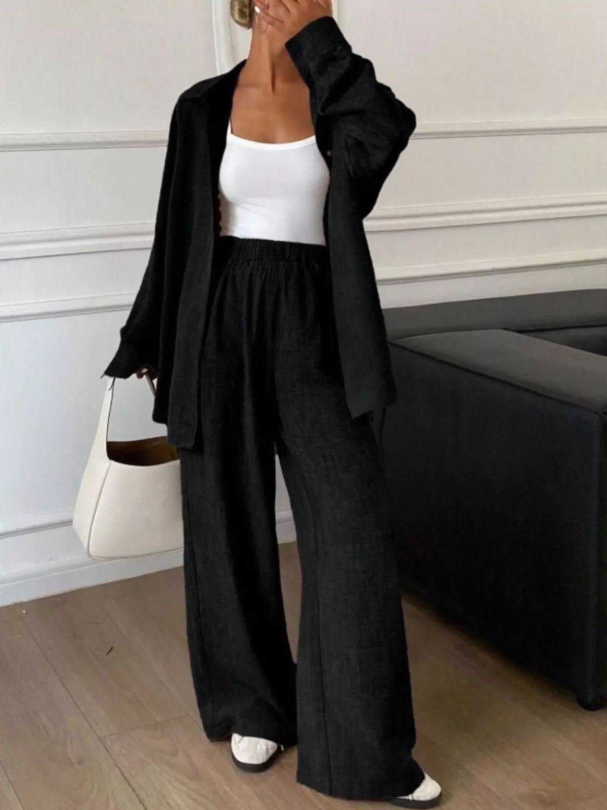 Button Up Long Sleeve Shirt and Wide Leg Pants Set