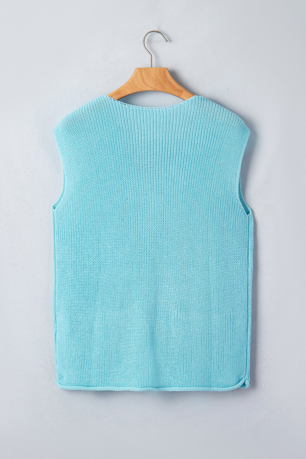Mist Blue Solid Color Knit V Neck Button Front Sweater Vest