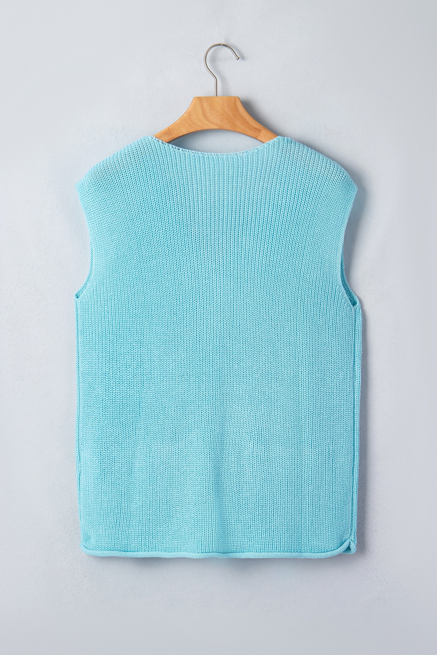 Mist Blue Solid Color Knit V Neck Button Front Sweater Vest