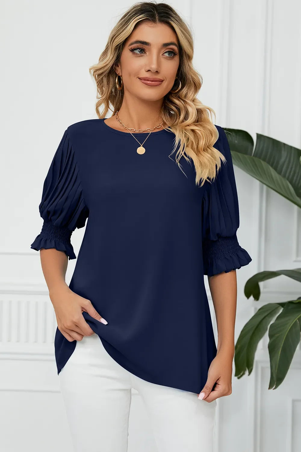 Frill Round Neck Lantern Sleeve T-Shirt