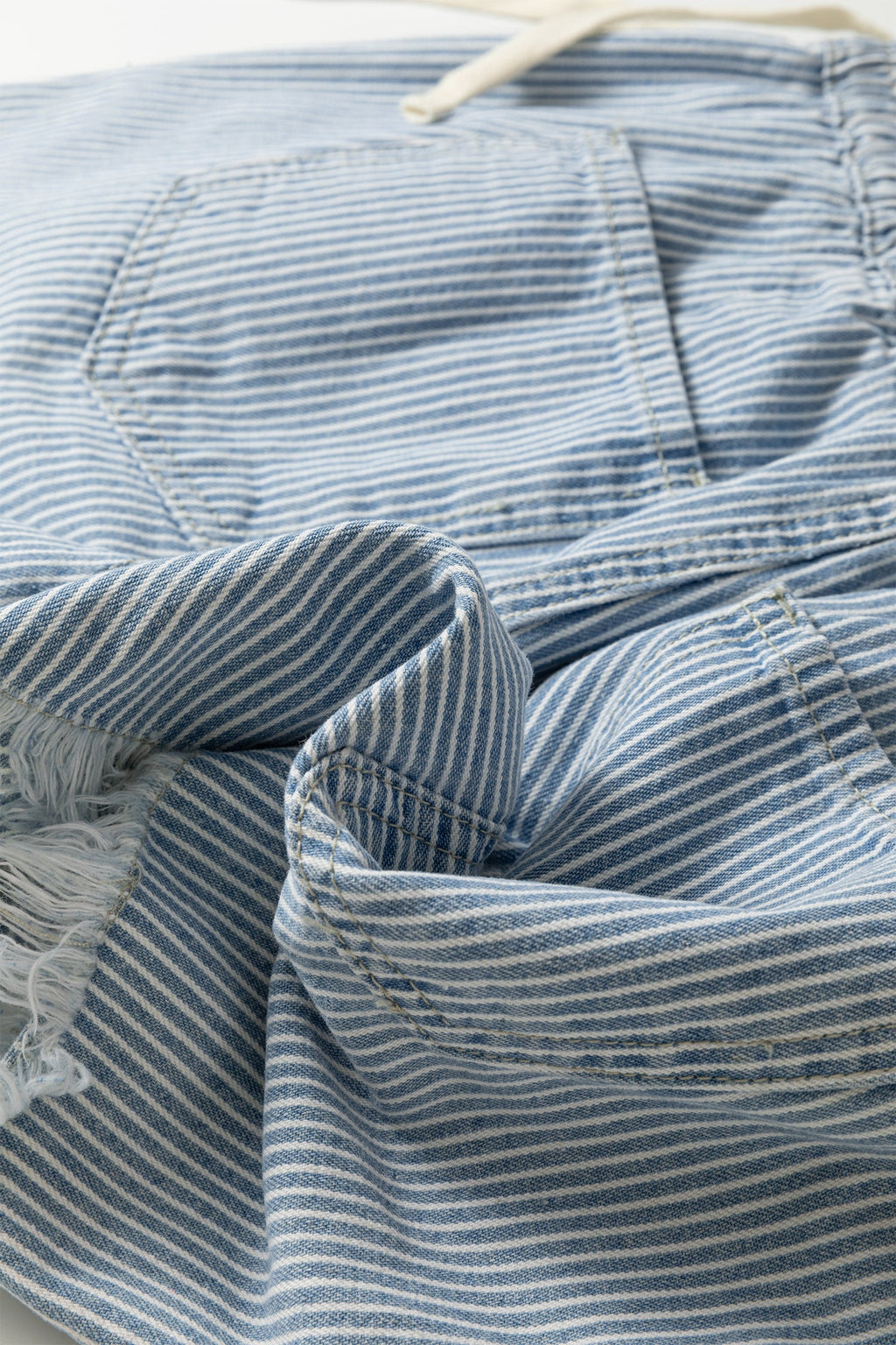 Stripe Denim Raw Edge Drawstring Waist Shorts