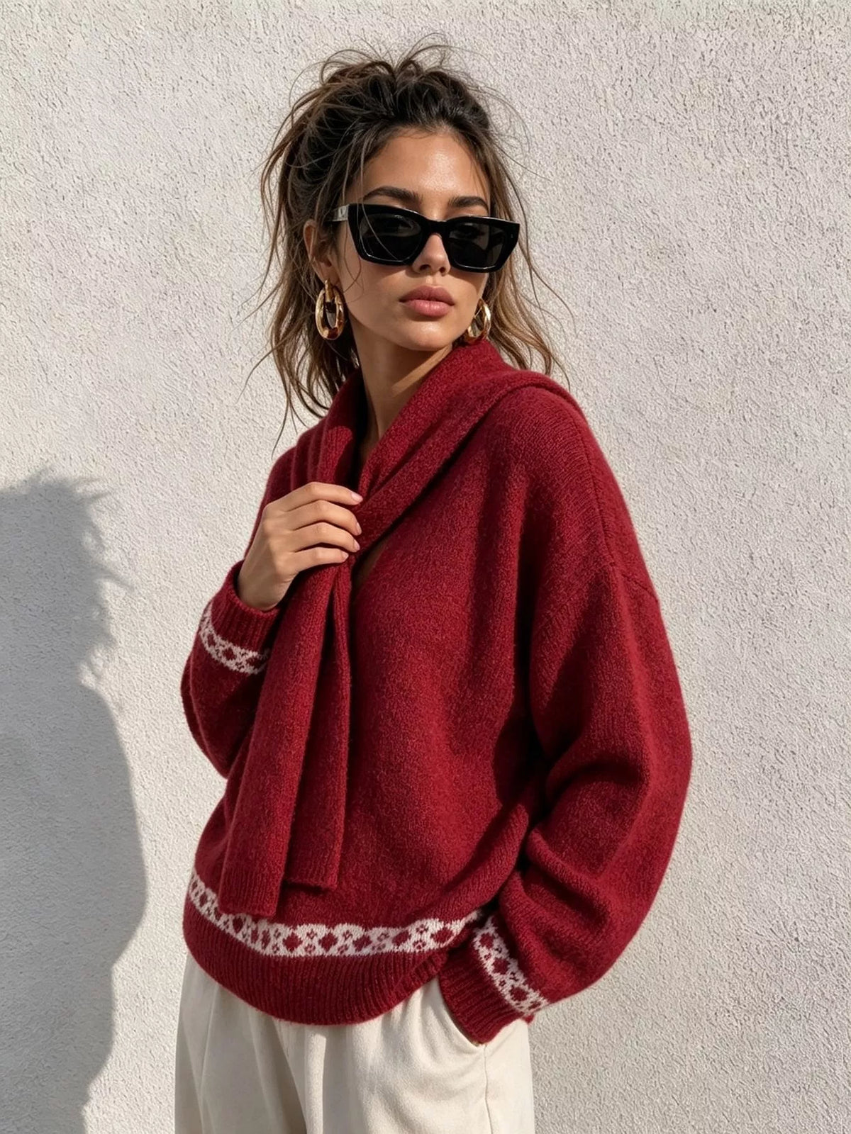 Scarf Detail Dropped Shoulder Sweater