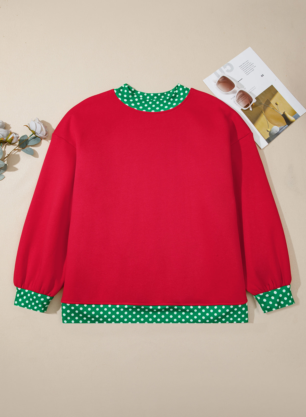 Orange Polka Dot Patchwork Round Neck Plus Size Sweatshirt