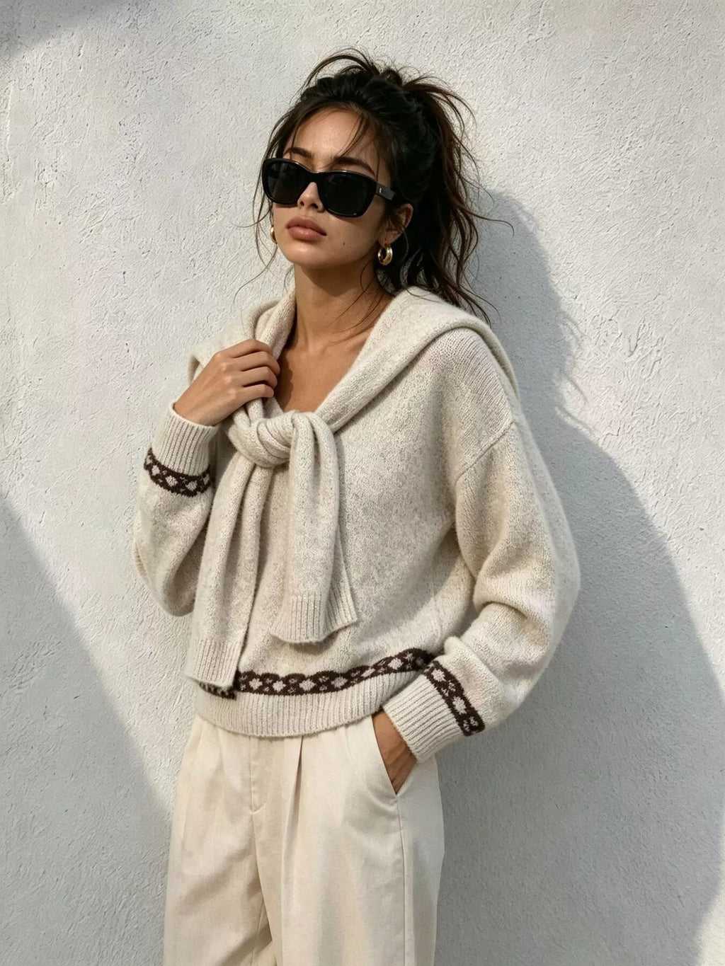 Scarf Detail Dropped Shoulder Sweater