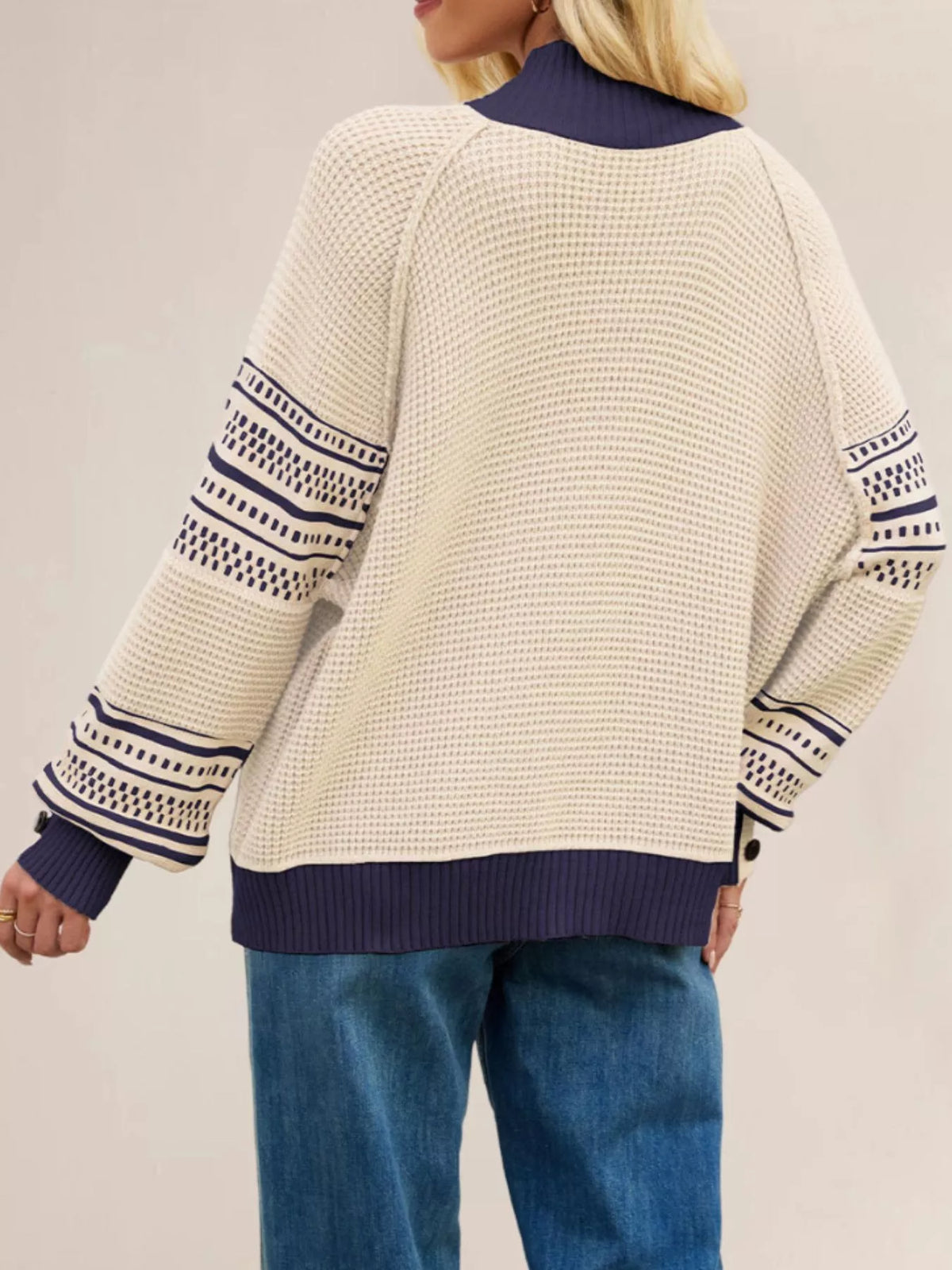 Color-Block Mock Neck Waffle Knit Sweater