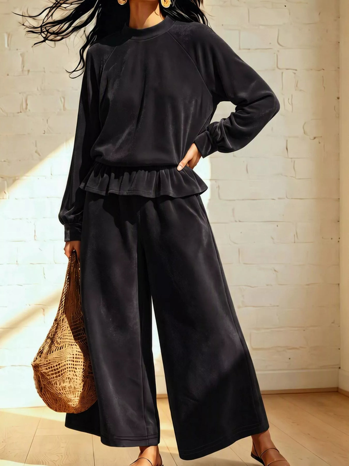 Velvet Peplum Top and Wide-Leg Pants Set