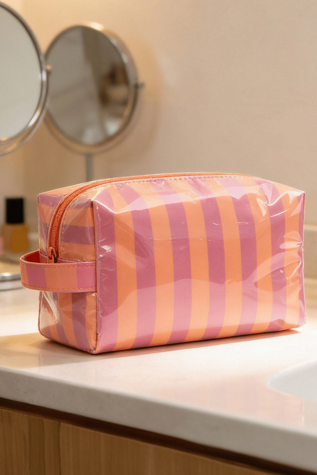 Rose Red PVC Striped Cosmetic Bag Durable Zipper Handle Travel Organizer