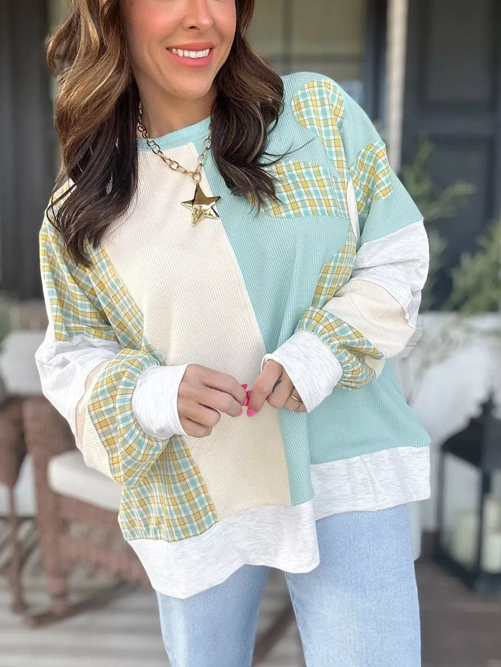 Plaid Patchwork Round Neck Long Sleeve Top