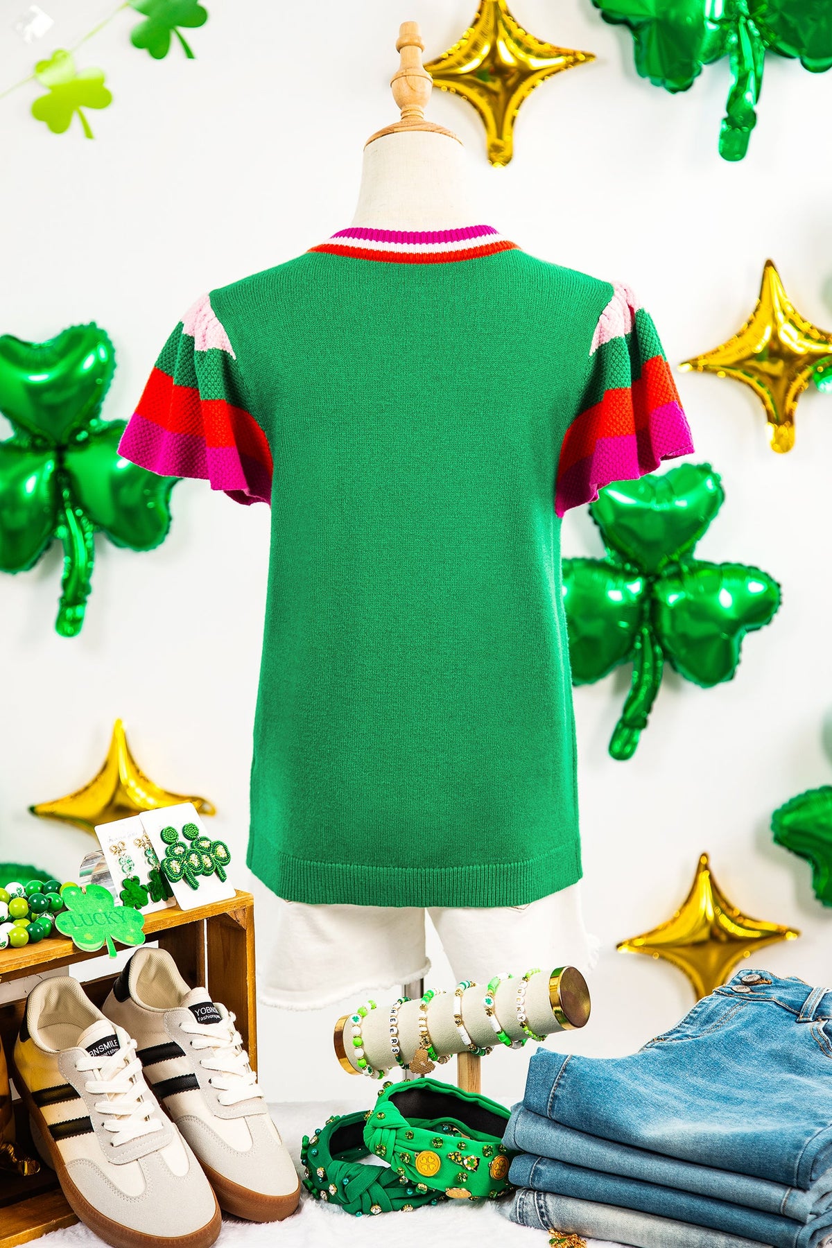 Lucky Stripe Flutter Sleeve Round Neck Sweater