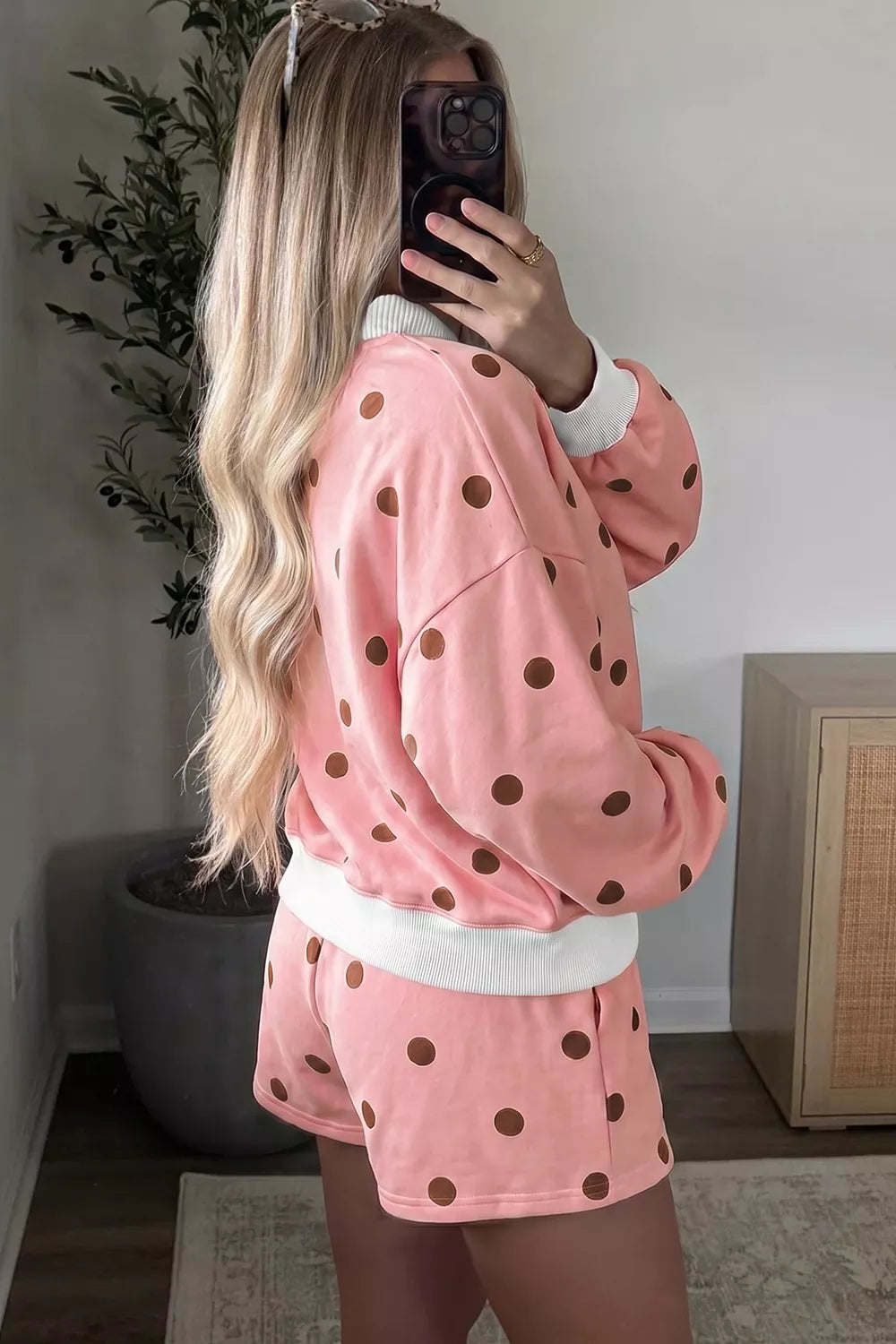 Polka Dot Long Sleeve Sweatshirt and Shorts Lounge Set