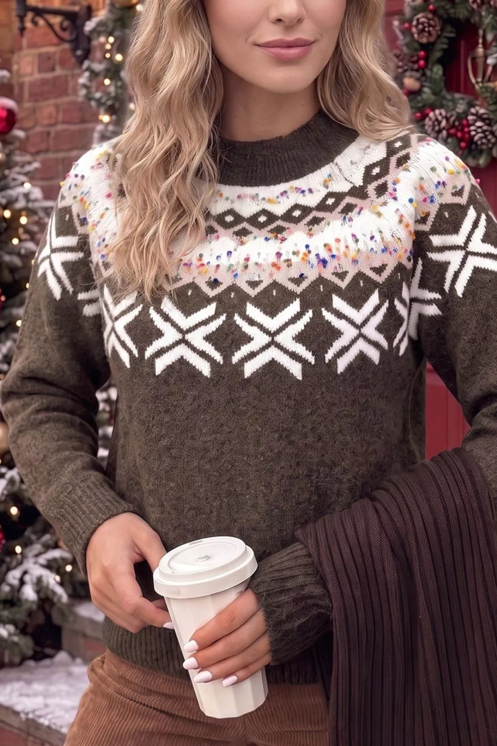 Geometric Round Neck Sweater with Colorful Confetti Accents
