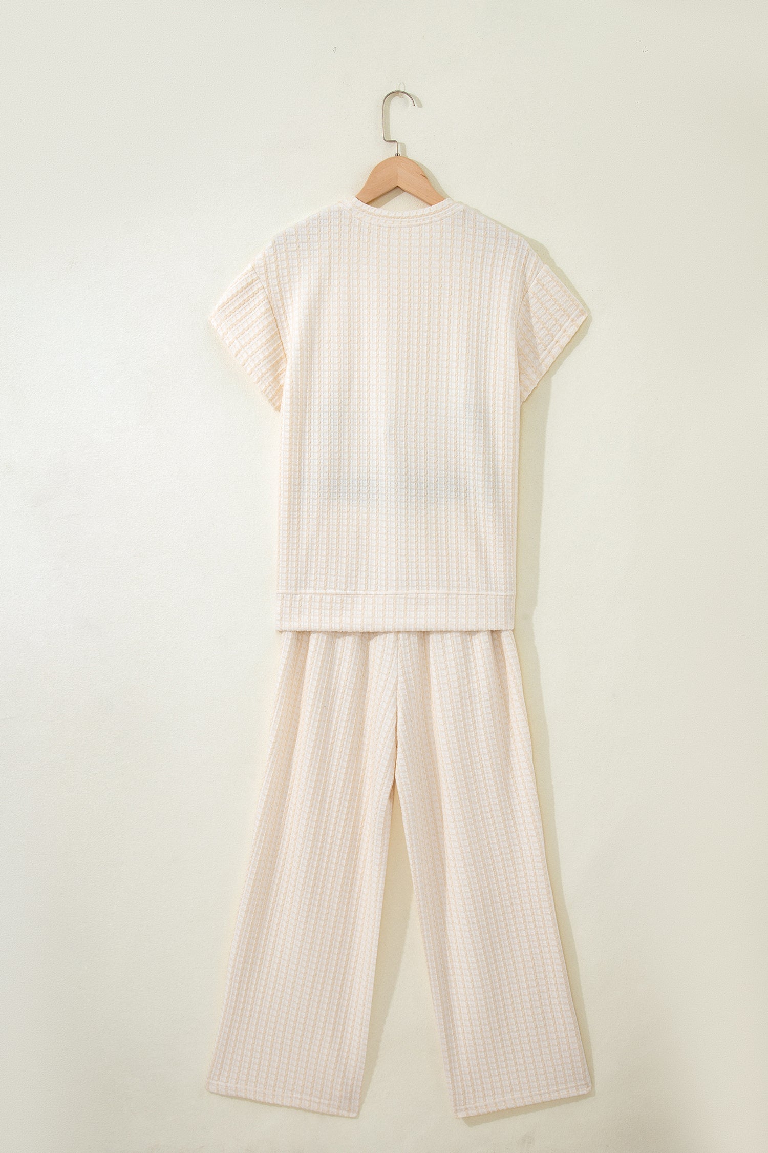 Beige Texture Loose Short Sleeve Top and Cropped Pant Set