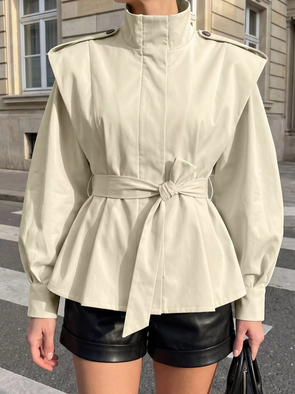Stand-Collar Belted Outerwear