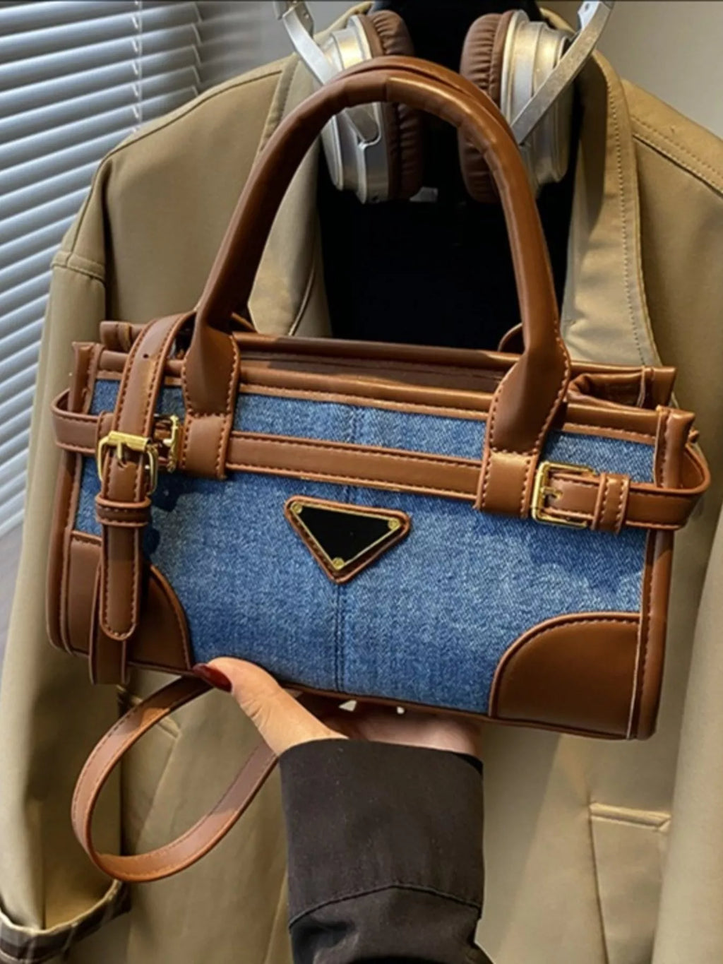 Denim Patchwork Buckle Decor Crossbody Bag