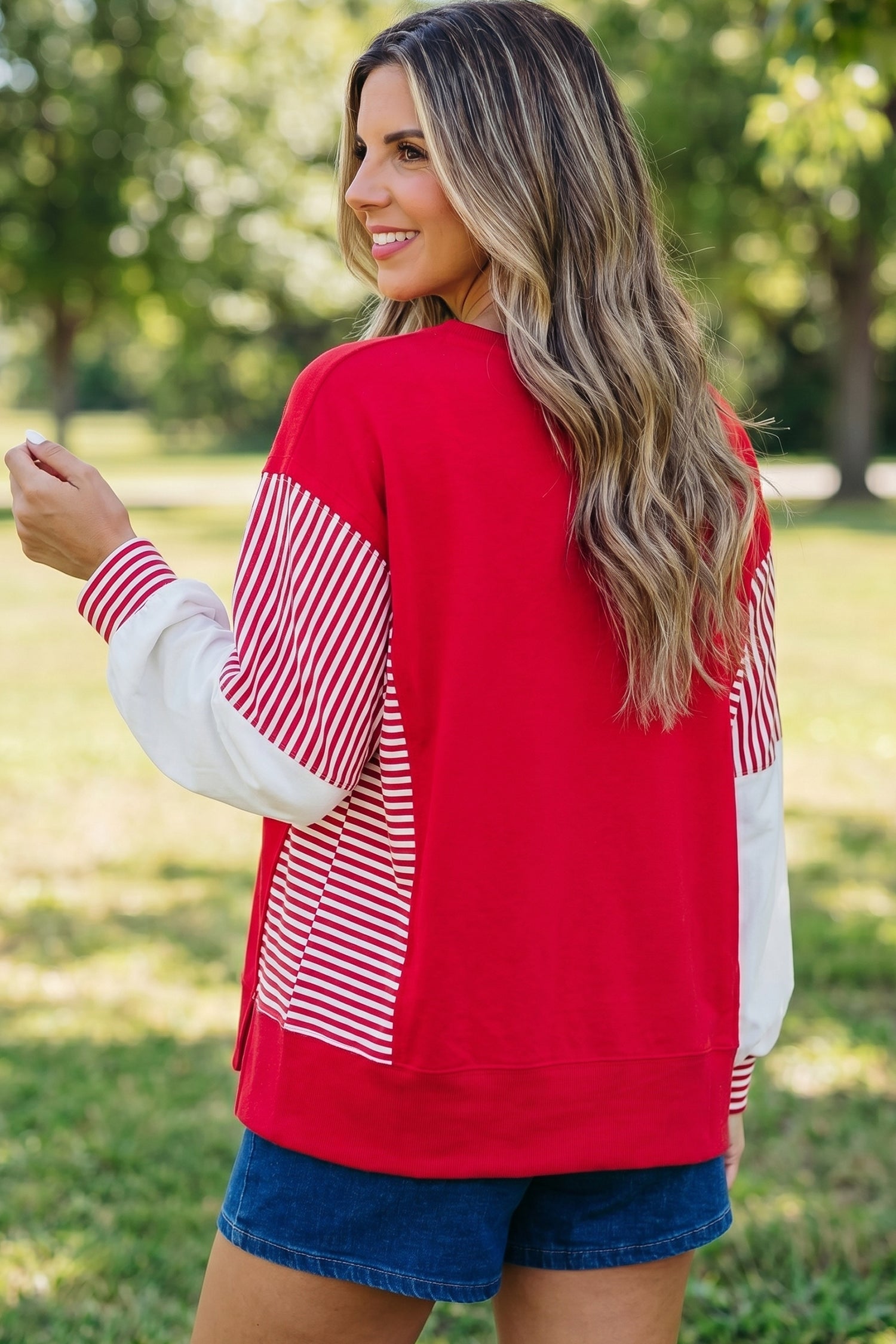 Fiery Red Striped Patchwork Sleeve Colorblock Sweatshirt