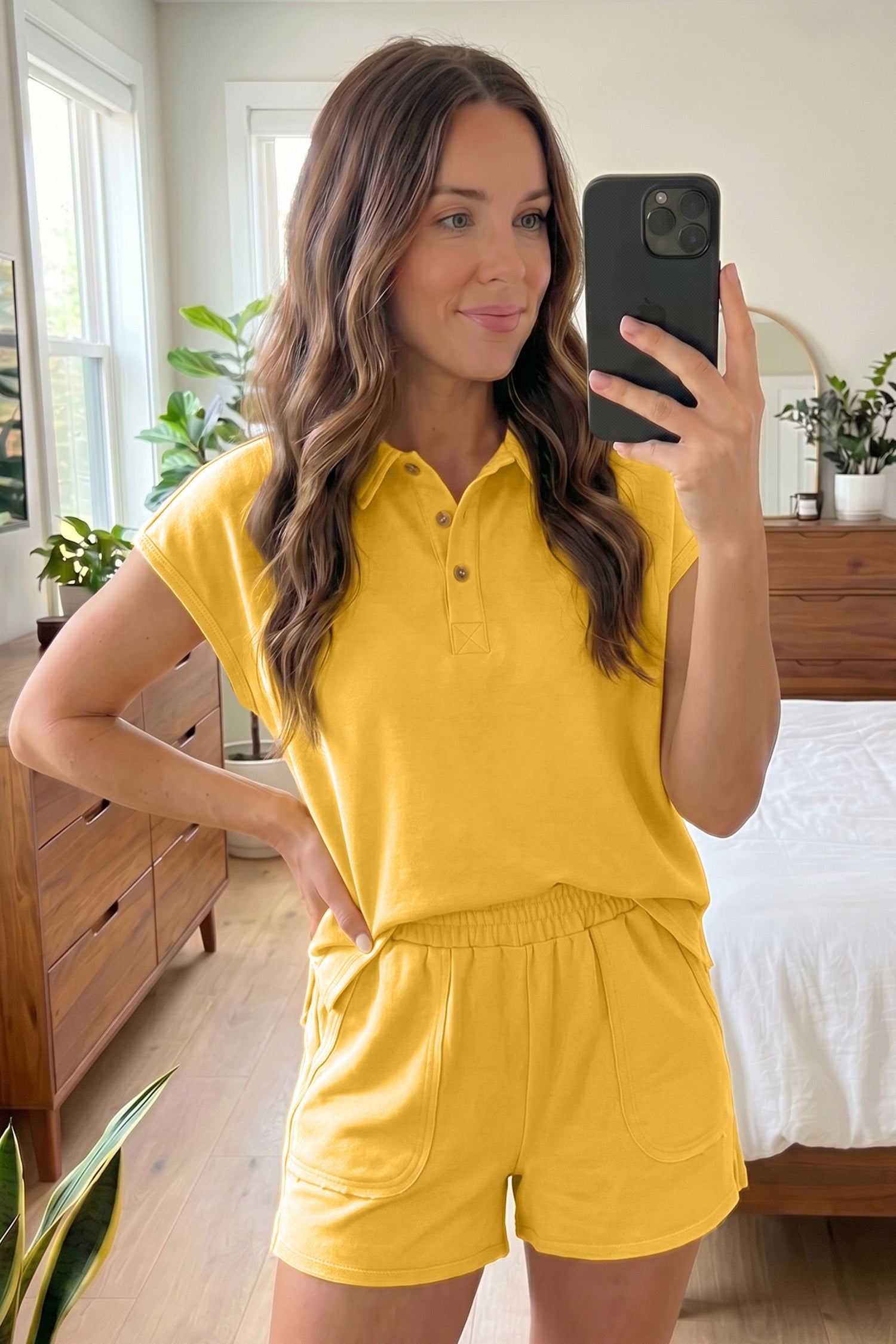 Banana Cream Loose Polo Tee Elastic Waist 2pcs Short Set