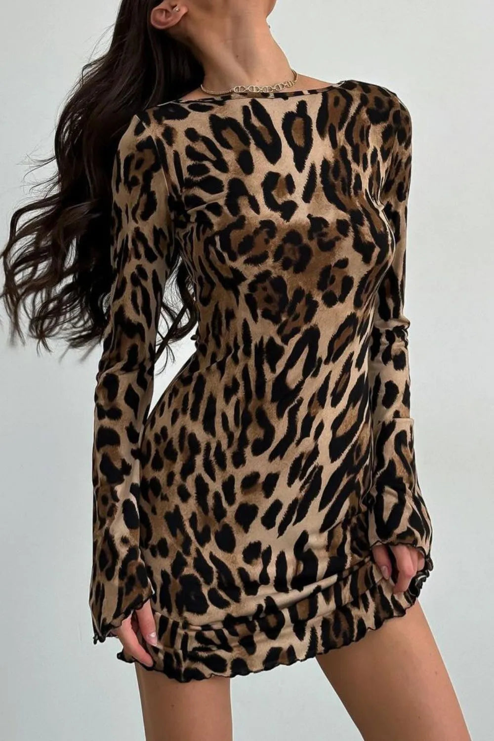 Backless Leopard Print Long Sleeve Mini Dress