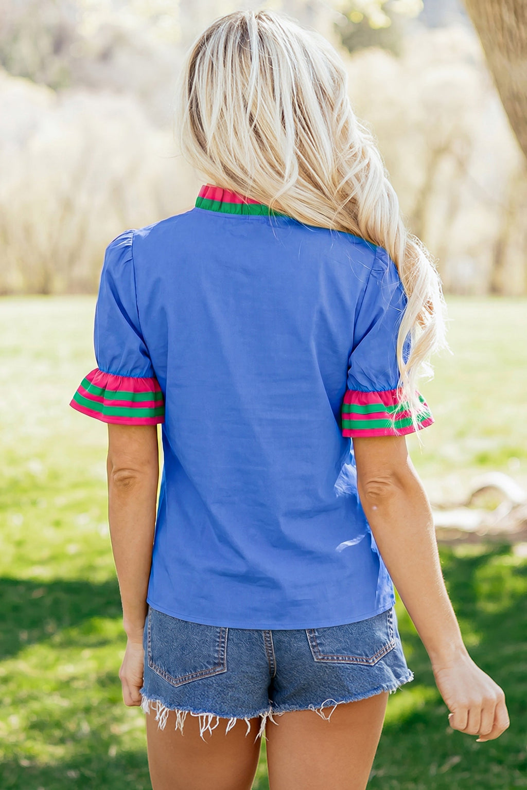 Sky Blue Striped Frilled Collar Ruffled Short Sleeve Blouse