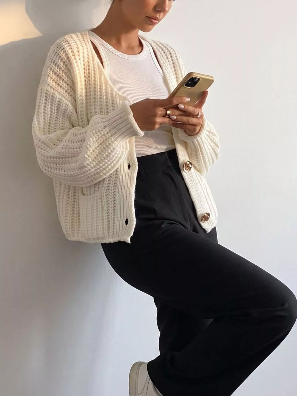 Ribbed Knit Cardigan with Gold-Tone Buttons