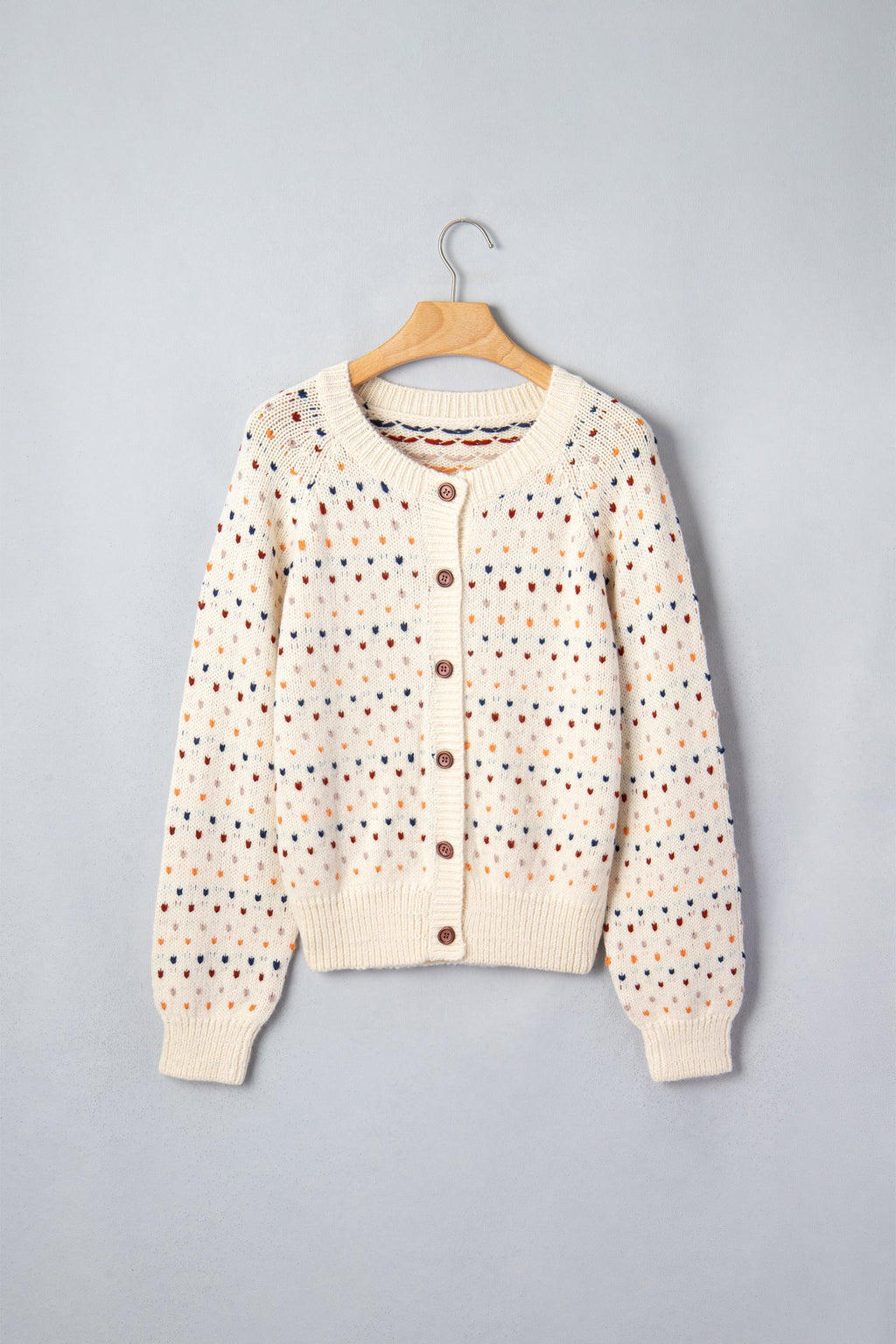 Beige Geometric Print Button Front Long Sleeve Regular Fit Cardigan