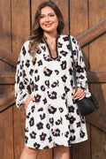 Khaki Leopard Print Contrast V Neck Plus Size Shift Mini Dress