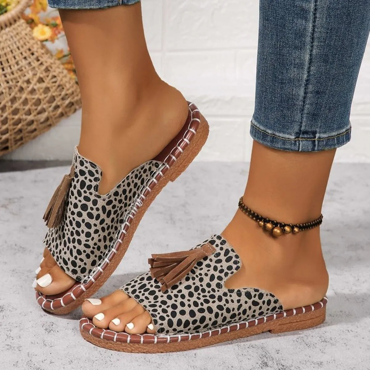 Leopard Print Tassel Flat Sandals