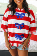 Red Stripe Sequin Bow Patriotic Half Sleeve Top