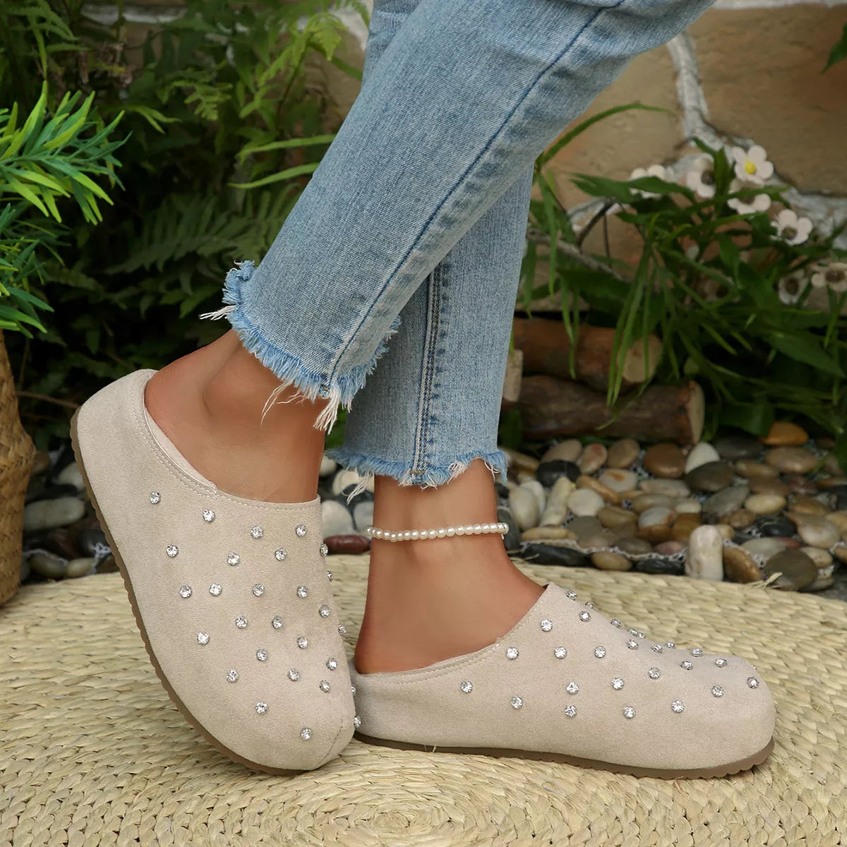 Rhinestone Round Toe Slip-Ons