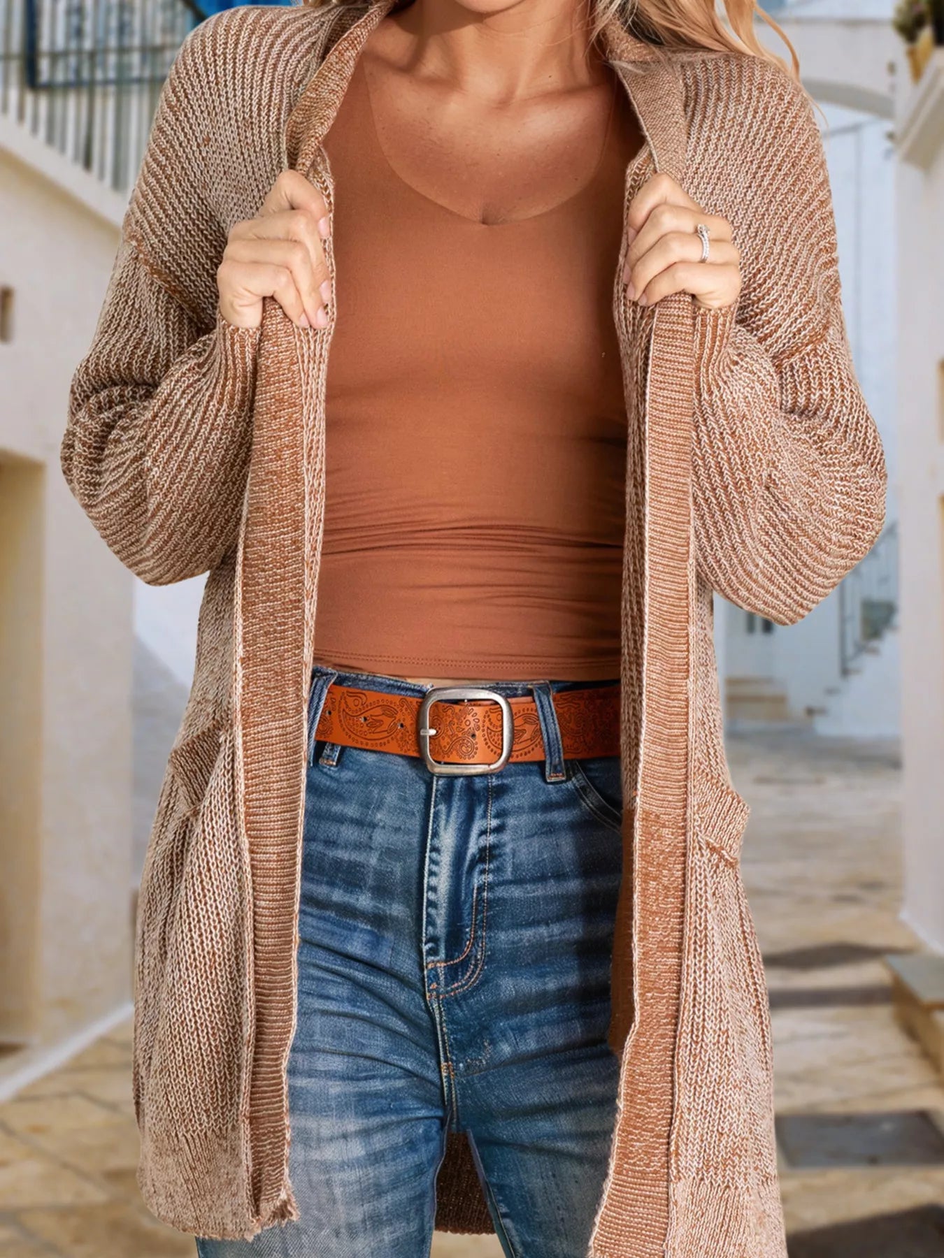 Open Front Dropped Shoulder Cardigan with Pockets