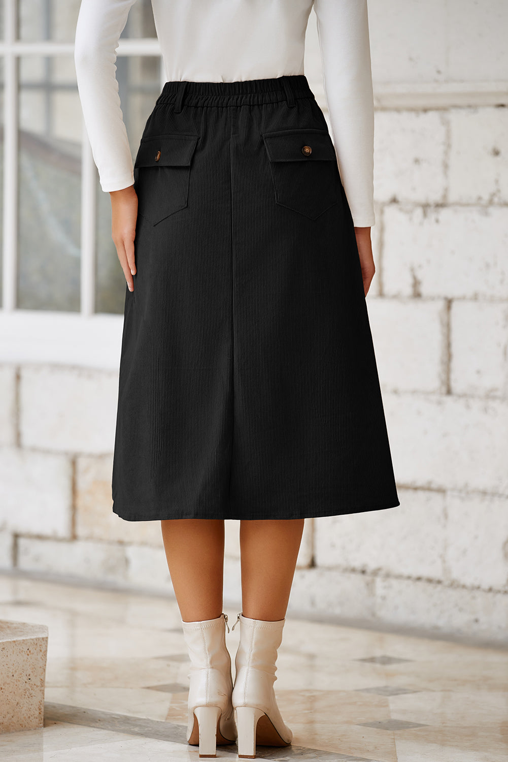 Solid High Waist Front-Slit Midi Skirt