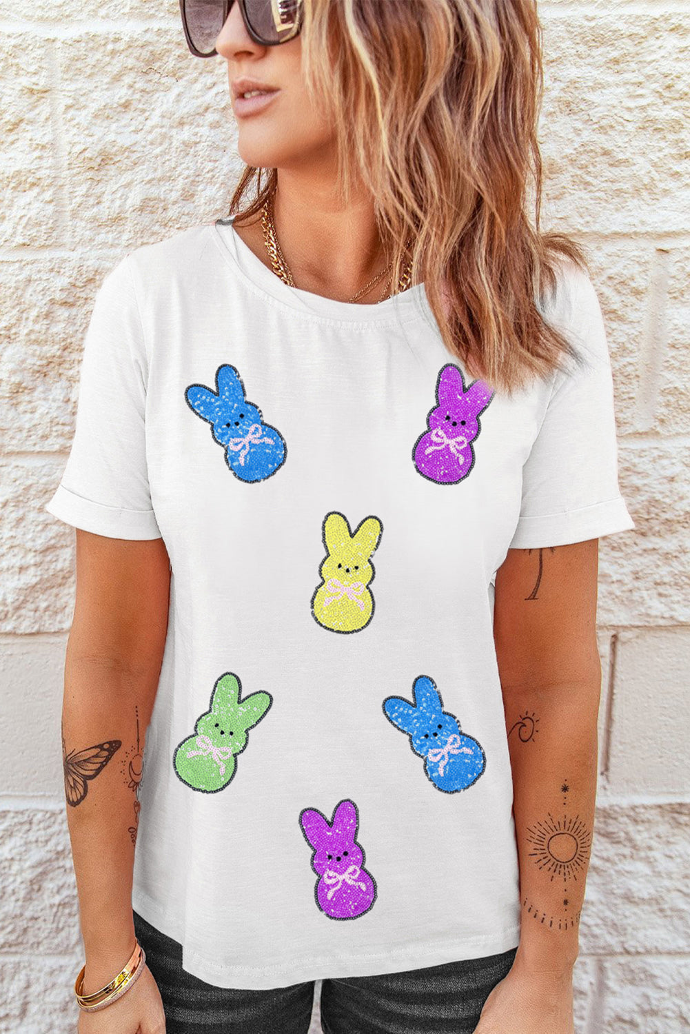 White Sequin Bow Bunny Doll Patched Easter Graphic Tee
