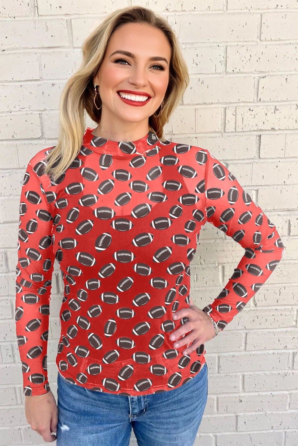 Red Rugby Game Day Sheer Mesh Long Sleeve Top