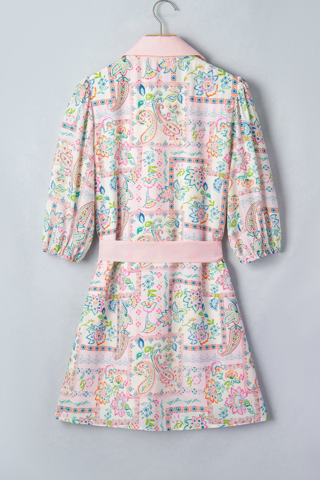 Pink Boho Floral Print Color Block Trim Half Button Belted Mini Dress