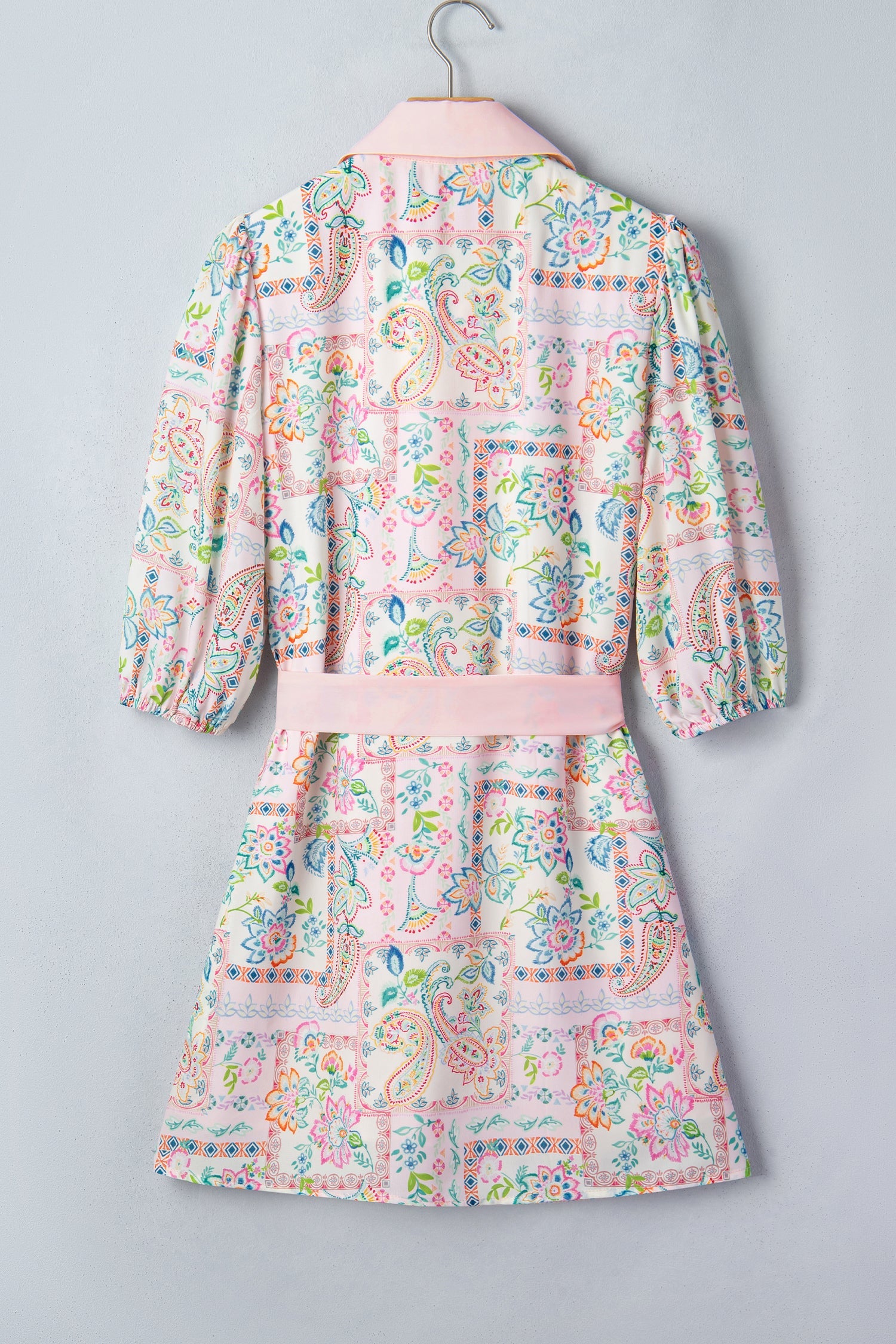 Pink Boho Floral Print Color Block Trim Half Button Belted Mini Dress