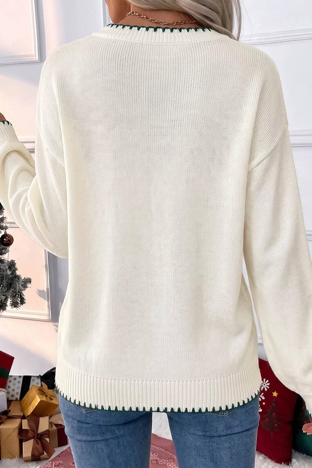 Stitched Detail Christmas Tree Holiday Casual Sweater