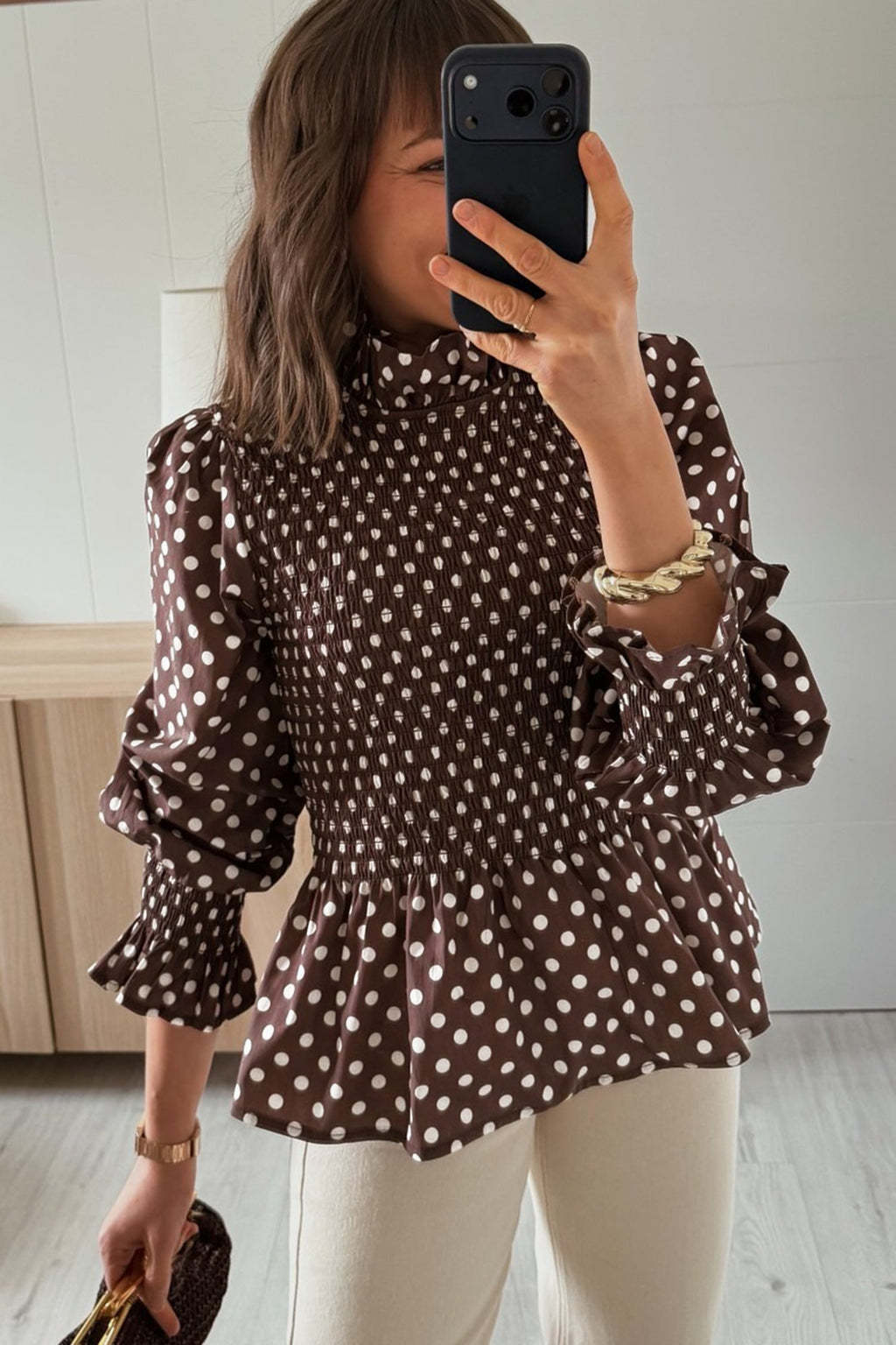 Brown Polka Dot Ruffled High Neck Shirred Ruffle Hem Blouse