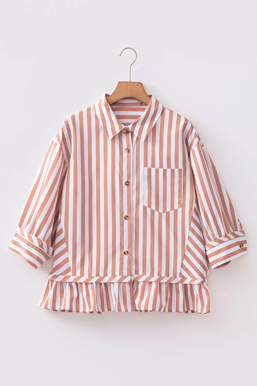 Stripe Collar Button Front Bracelet Sleeve Ruffle Hem Shirt