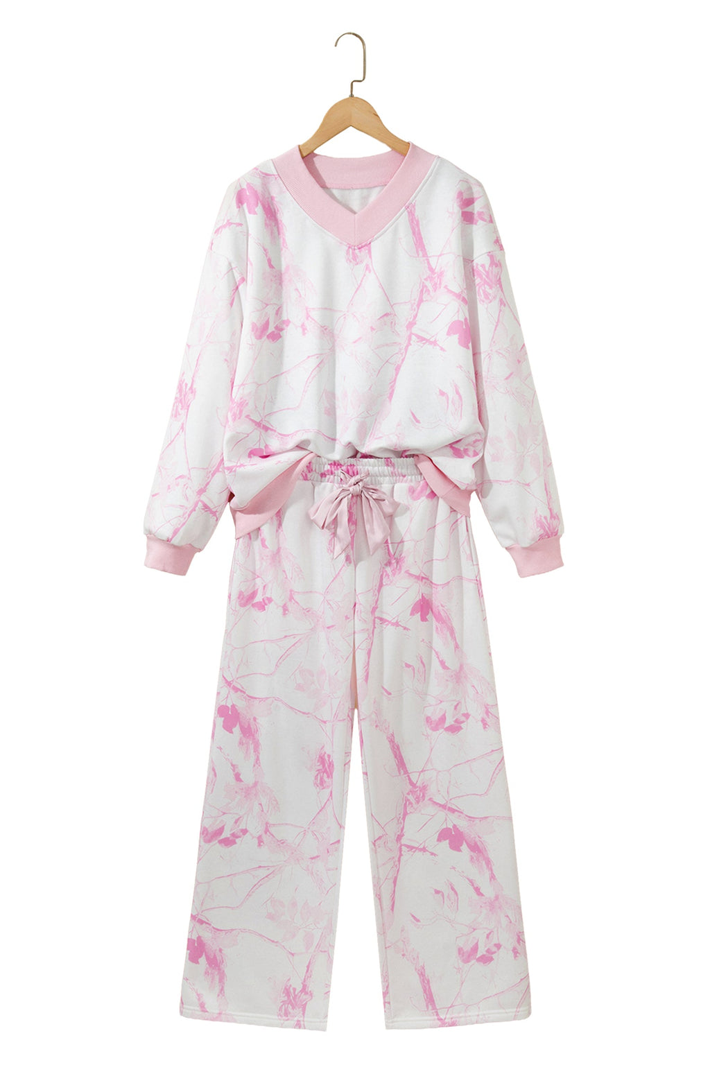 Pink Abstract Plant Print Long Sleeve V Neck Pant Set