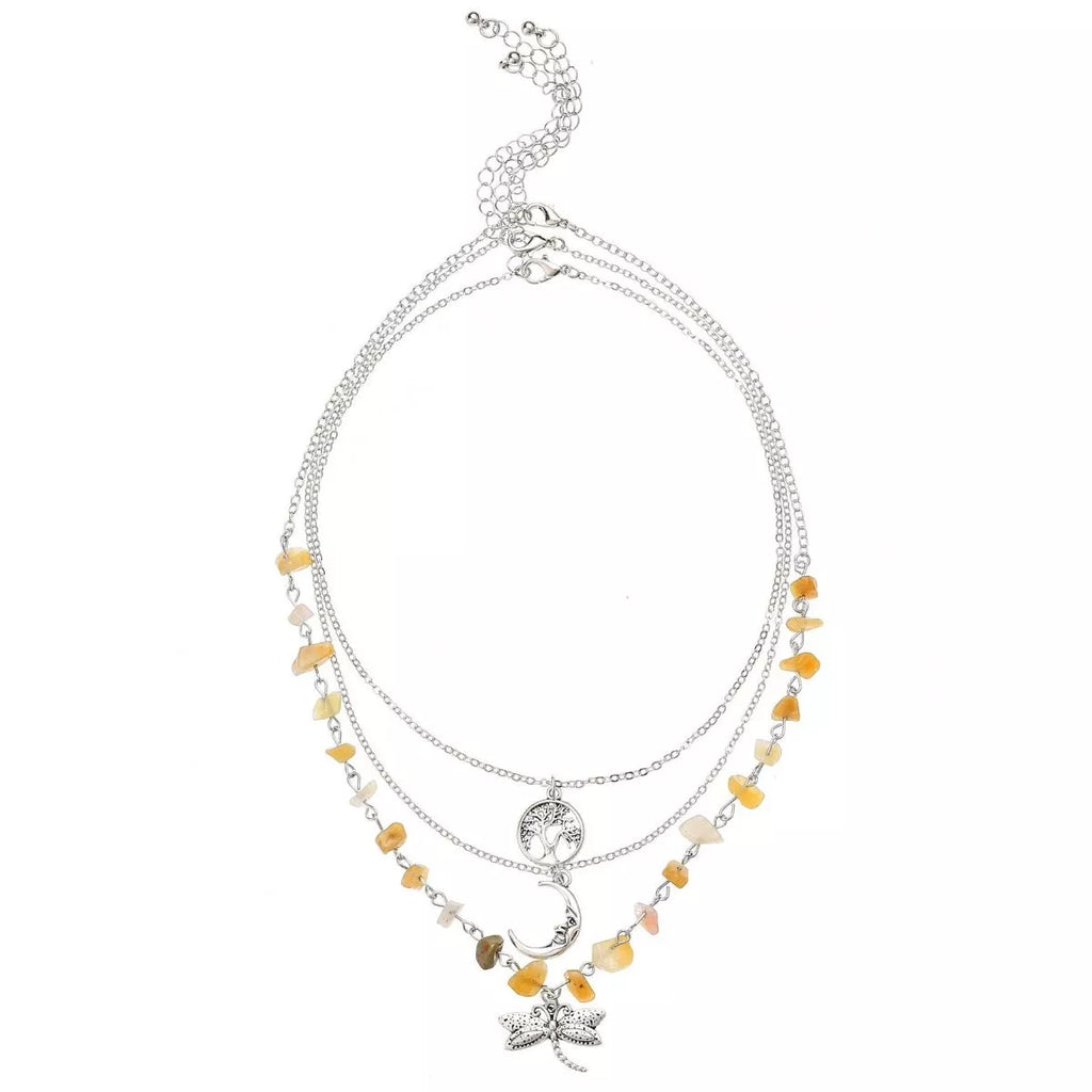3-Piece Bohemian Layered Dragonfly Moon Tree Pendant Necklace