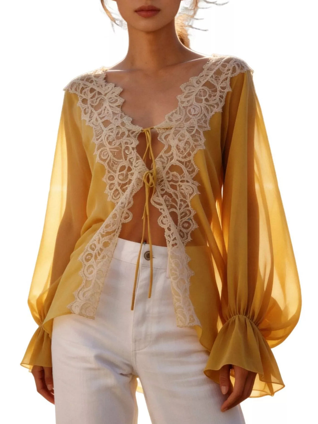 Sheer Lace-Trimmed Front Tie Blouse