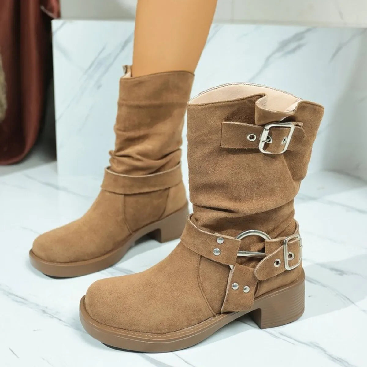 Round Toe Block Heels Boots
