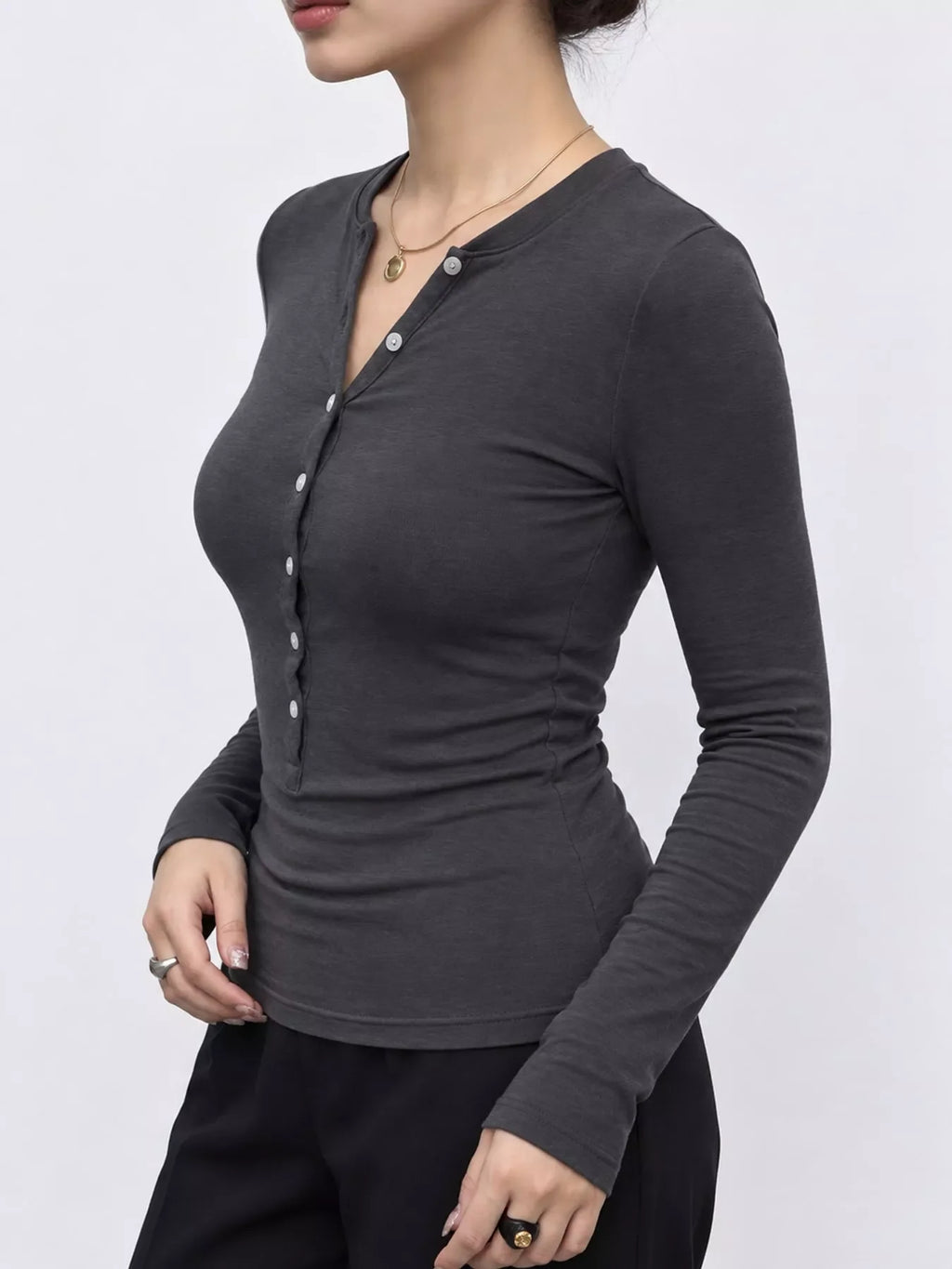 Slim-Fit Button-Down Long Sleeve Knit Top
